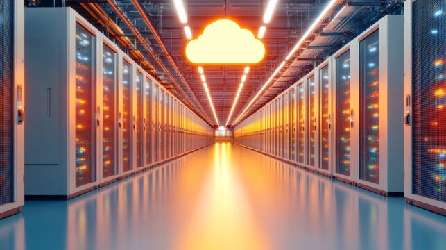 High tech data center with glowing AI integrated cloud computing symbolizing ultra fast encrypted data processing and next generation cybersecurity solutions