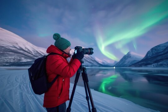 A young male photographer captures the mesmerizing Northern Lights with a DSLR camera in a snowy landscape. Photo Expedition, Lens on Location