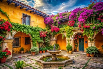 Obraz premium Antigua Guatemala Tropical Courtyard: Long Exposure Fountain & Vines