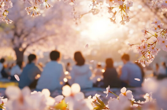 Spring Cherry blossom festival with people enjoying picnic under blooming trees