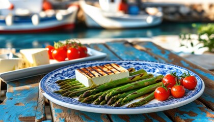Mediterranean harbor café setting with grilled cheese and vegetables on rustic table