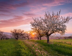 Fototapeta premium Orchard meadow with blooming trees at sunset in spring