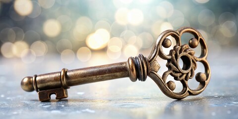 Obraz premium Antique Brass Key, Old Key, Vintage Key, Rusty Key, White Background - Stock Photo