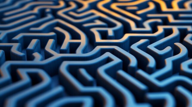 High tech abstract digital maze with glowing golden neon structures symbolizing artificial intelligence data processing and advanced algorithms