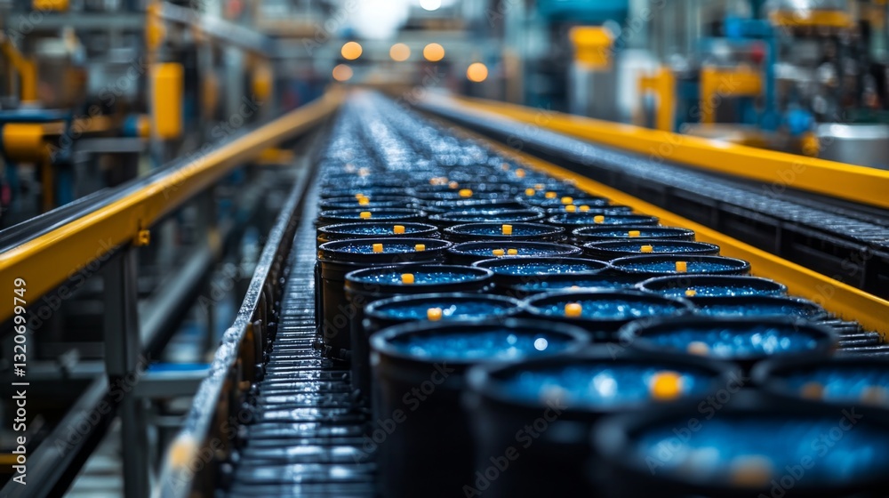 Aufkleber A busy petrochemical factory features a streamlined conveyor system transporting multiple blue barrels filled with processed chemicals. The environment showcases modern automation in action.