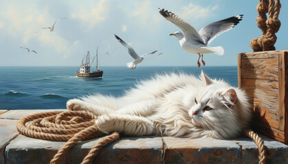 Fluffy white cat relaxing by the sea with seagulls and fishing boat in tranquil coastal setting with copy space