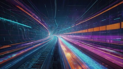 A Journey Through A Vibrant Neon Tunnel Of Digital Data Streams And Glowing Pathways, Pulsing With Energy And Futuristic Technology