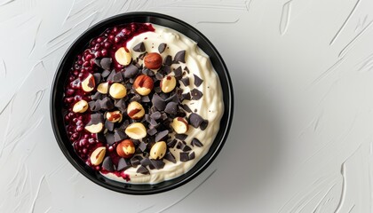 Top view of extra creamy acai bowl with nuts and chocolate on textured surface with copy space