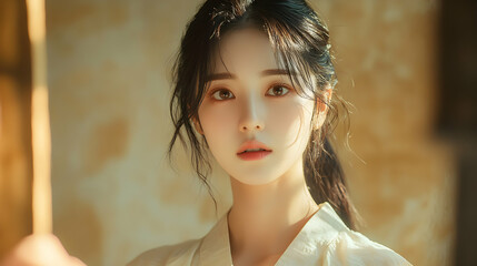 Alluring portrait of an East Asian young woman in natural light, serene expression