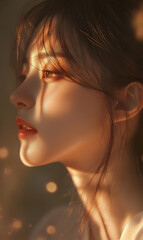 Fototapeta premium Portrait of a serene asian woman bathed in radiant light, conveying peace and elegance