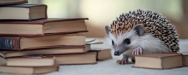 A small hedgehog exploring old books next to a blurred background
