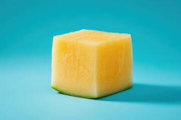 A square shaped fruit against a plain turquoise background