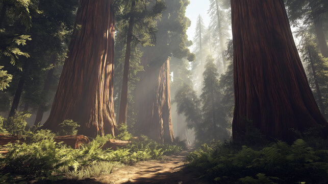 Towering forests of redwoods in the fog, massive ancient trees with reddish-brown bark reaching into the sky