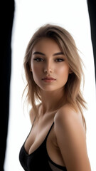 Obraz premium Confident Grace in Glow: A Young Woman Poses Under Softbox at 45 Degrees, Framed on the Right Third with Blur for Cosmetic Ad Sophistication