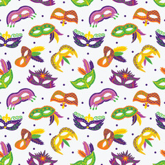 Obraz premium Mardi Gras Parade Masquerade Masks on White Seamless Vector Pattern Design
