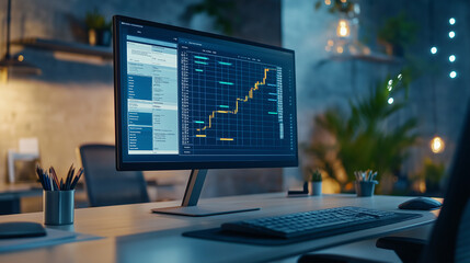 Fototapeta premium Financial data on a computer screen in a modern home environment