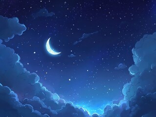 A blue sky with a large moon and many stars