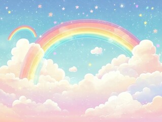 A colorful rainbow is in the sky with clouds and stars