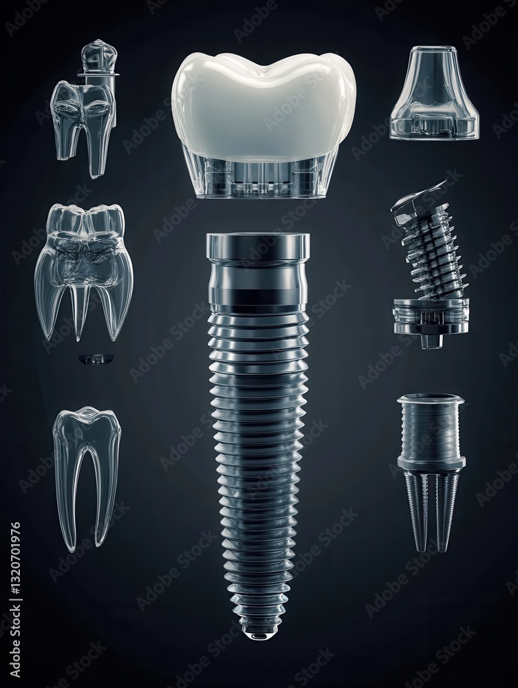 Poster Detailed 3D render of a dental implant in exploded view showcasing all components against a gradient background