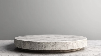 A round stone display stage stands before a simple gray wall