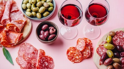 Savoring the rich flavors of charcuterie and olives while enjoying the exquisite pairing of red wine in an intimate setting. Perfectly arranged for a delightful gathering
