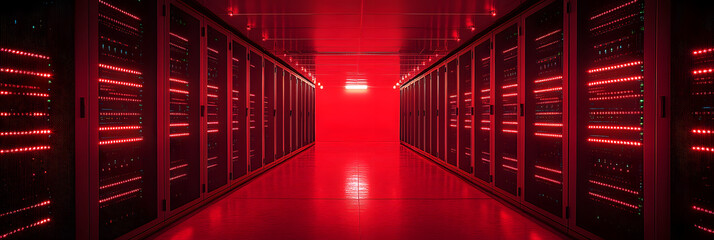 a rack of servers with blinking LED lights - symbolizing data transfer in a secure data center wide banner - red background