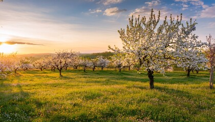 Orchard meadow with blooming trees at sunset in spring