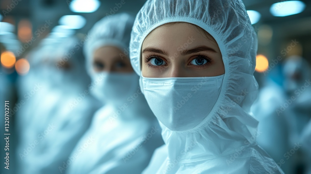 Poster technicians in protective clothing operate in a sophisticated manufacturing environment dedicated to