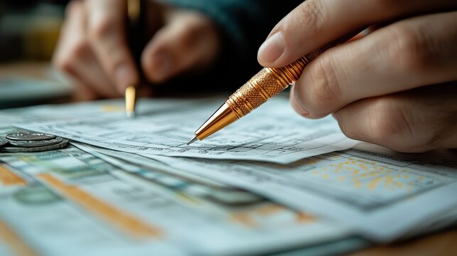 Orange pen, stack of euro banknotes, man filling tax form close up tax prep, financial accounting during tax season.