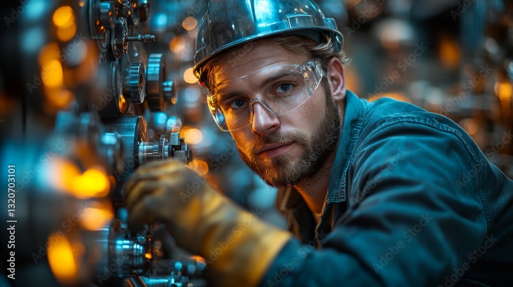 Poster a skilled worker operates machinery in a factory setting, wearing safety gear. the background featur