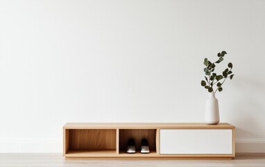Minimalist interior design featuring a light wood media console, white vase with eucalyptus, and textured white wall. Shoes are neatly stored in the console. 