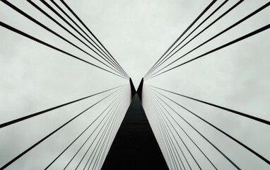 Obraz premium Abstract grayscale image depicting a bridge's structure from a low angle, emphasizing converging lines and a sense of depth. The texture is slightly grainy, adding to the overall abstract feel