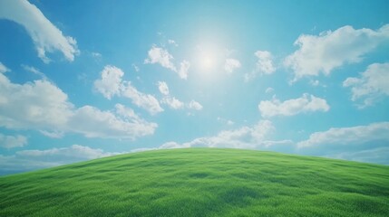 Obraz premium Sunny day, lush green hill, blue sky with fluffy clouds