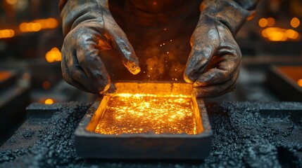 A skilled worker carefully pours molten metal into a casting mold in a modern foundry. Sparks and glowing metal illuminate the workspace, showcasing the craftsmanship involved.