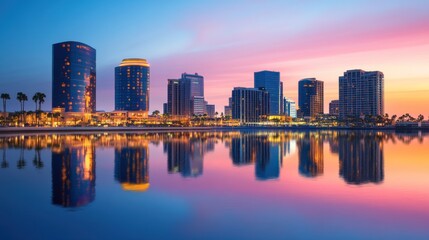 Obraz premium Vibrant cityscape reflected in calm water at sunset