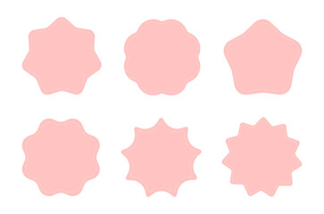 Set of six pink blank badge shapes with wavy and star edges isolated on white background. Vector template for labels, stickers, and design