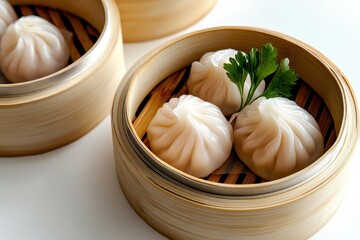 Steaming Dumplings in Bamboo Steamers on a Bright Background for Culinary Presentation