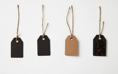 Four small gift tags with different textures and colors are displayed against a light gray background. Tags include black glitter, solid black, light brown, and gold glitter