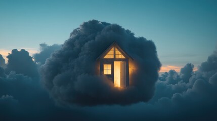 A glowing house nestled within a fluffy cloud formation against a twilight sky