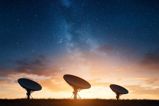 Advanced radio telescope array beneath a breathtaking Milky Way sky tracking cosmic signals for astrophysics and deep space research