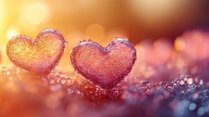 Obraz premium Pastel hearts float on a warm yellow, orange, and pink gradient, creating a dreamy, romantic atmosphere ideal for Valentine's Day and spring.