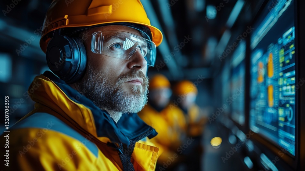 Poster a worker in safety gear observes digital displays in a manufacturing facility dedicated to steel and