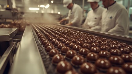 Fototapeta premium Chocolate candies on a production line, workers overseeing the process