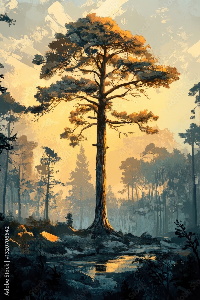 Poster a single tree stands tall in a dense forest, surrounded by foliage and shadows
