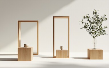 Minimalist interior scene featuring three wooden display cubes, two rectangular frames, and a small potted tree against a textured white wall, bathed in sunlight