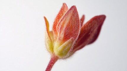 Close-up of a fuzzy, orange and yellow flower bud against a white background