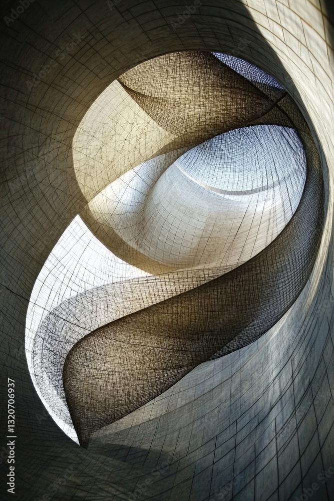 Poster A close-up view of a spiral structure with light shining through it, suitable for use in architectural or design concepts