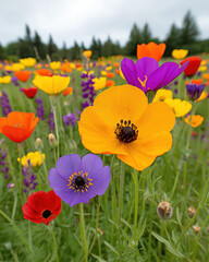 Fototapeta premium A vibrant meadow filled with colorful wildflowers under clear blue sky, creating peaceful and serene atmosphere