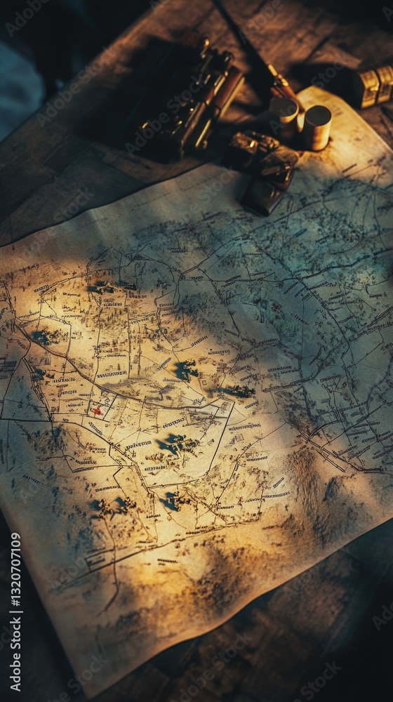 Poster a map laid out on a table with a pair of scissors nearby, perfect for planning or crafting