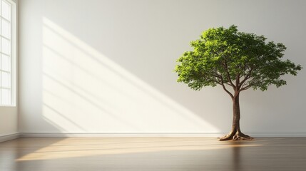 Obraz premium Sunlight streams into a minimalist room, illuminating a single, lush green tree positioned against a stark white wall